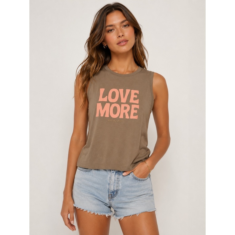 Spiritual Gangster Love More Muscle Tank Top Brown Peach Graphic Size Medium